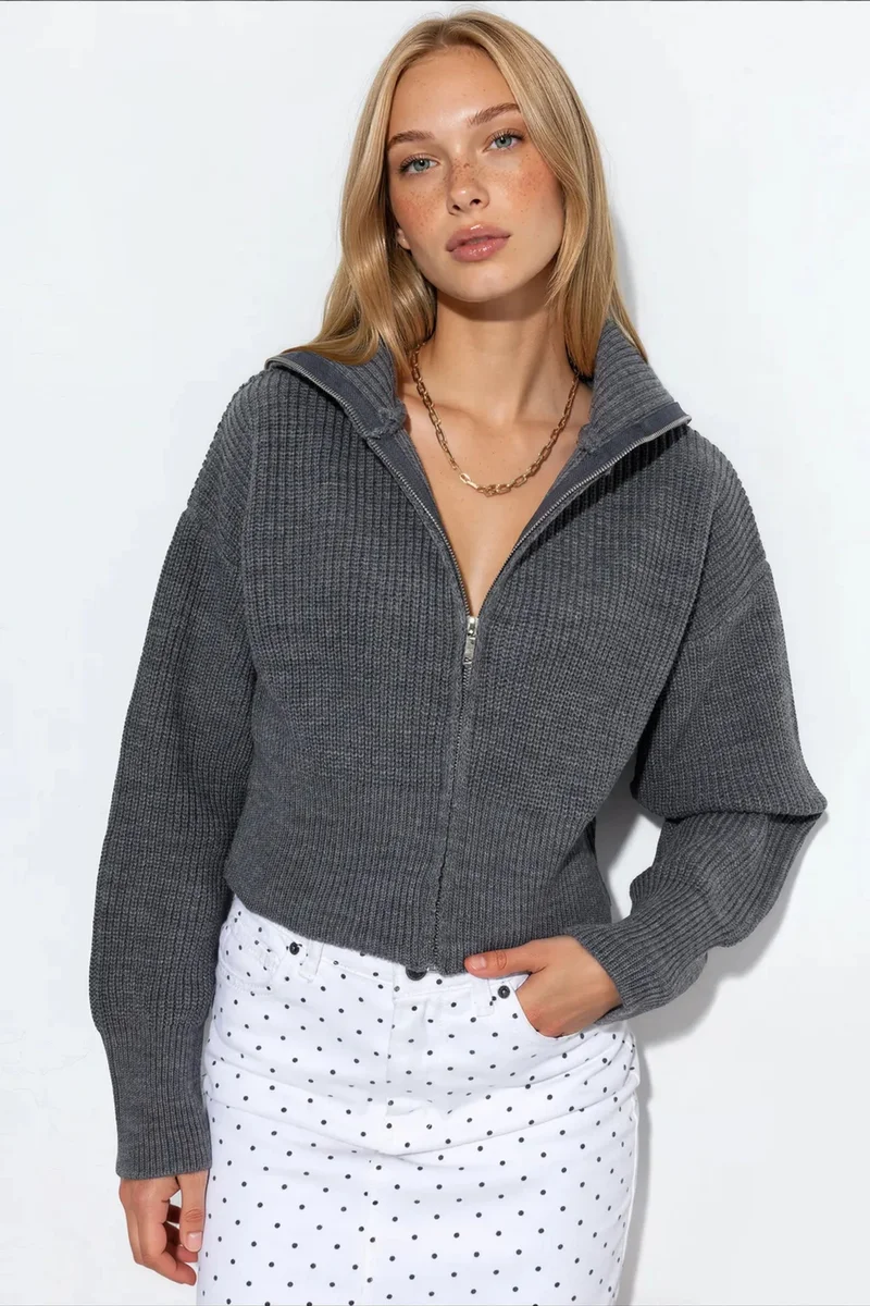 Viorna VIORNA Women’s Cropped Ribbed Zip Cardigan