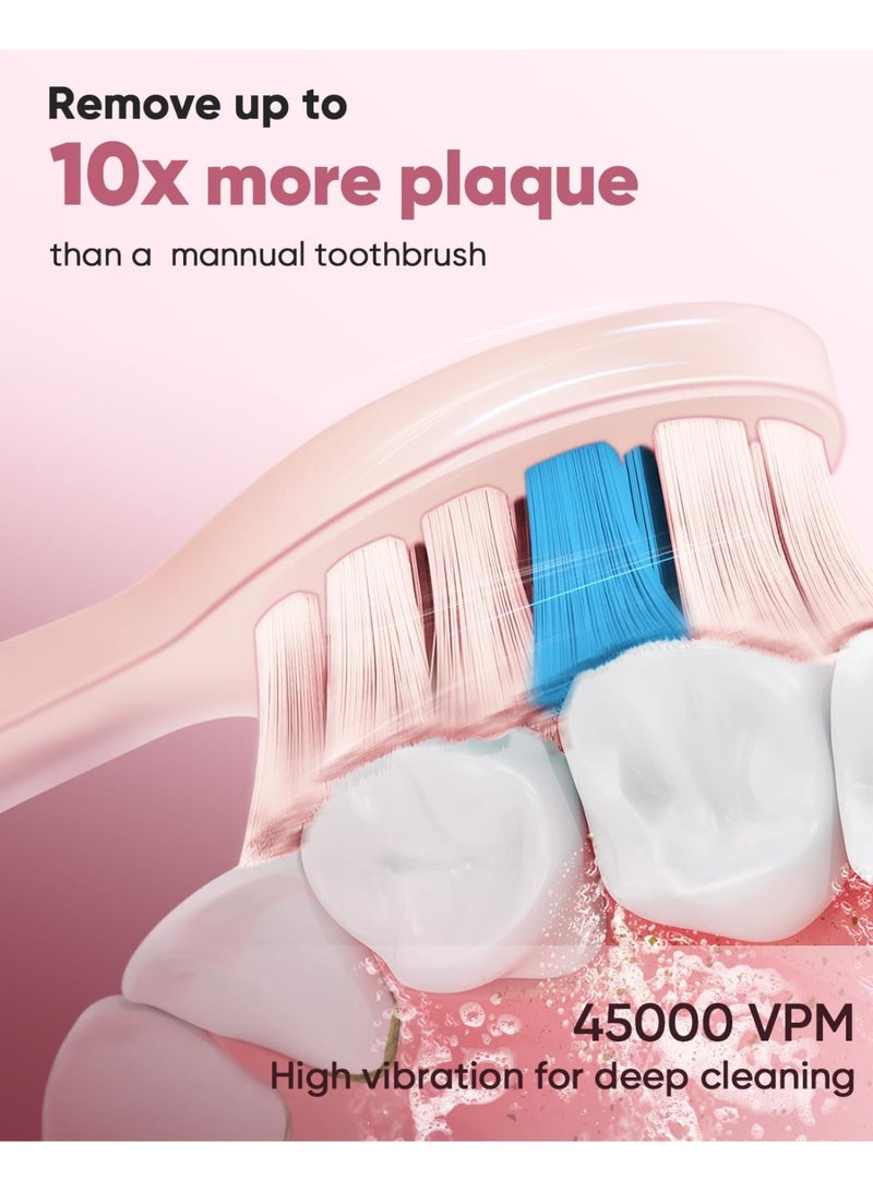 MySmile DY156 Electric Toothbrush for Adults, Rechargeable Sonic Battery Toothbrush Portable with 3 Brush Heads, 2 Mins 5 Modes Smart Timer, 45000VPM, One Charge for 60 Days (Pink, M) - Image 3