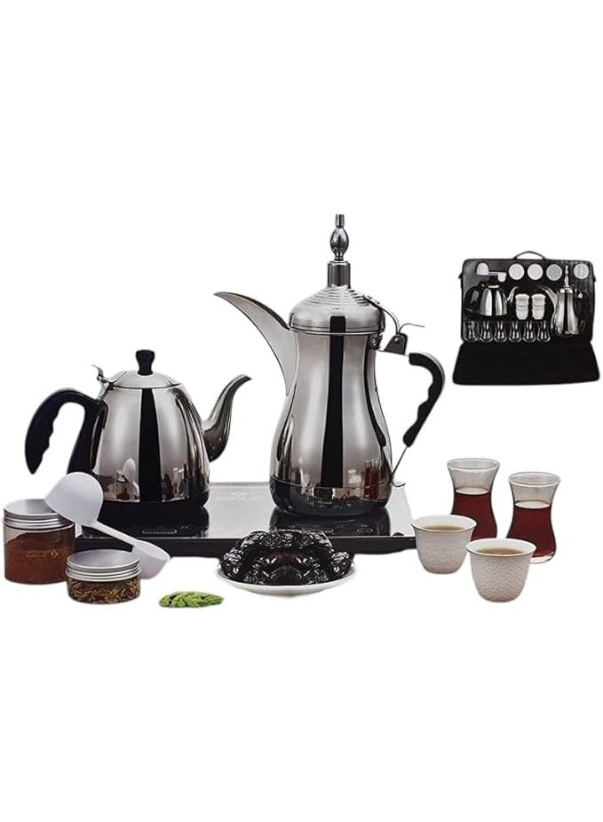 Gulf Dalla Traditional Arabic Coffee And Tea Set, Stainless Steel Electric Kettle With Glass Serving Set, Portable Case, Black – Model GA-C94847 - Image 1