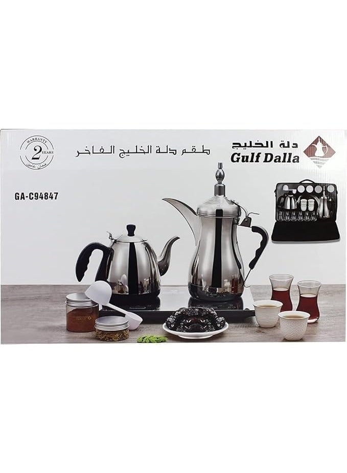 Gulf Dalla Traditional Arabic Coffee And Tea Set, Stainless Steel Electric Kettle With Glass Serving Set, Portable Case, Black – Model GA-C94847 - Image 2