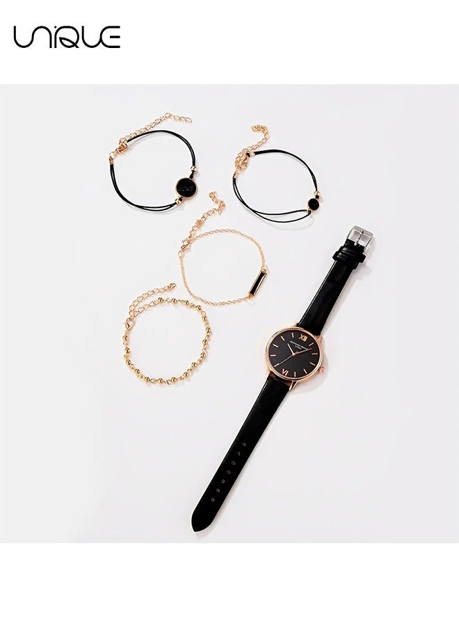 Unique 5 Pcs Watch & Bracelet Set - PU Watch Strap & Metal Bracelet Set - Girls' Watch Set Graduation Gift - Birthday Gift（Black） - Image 3