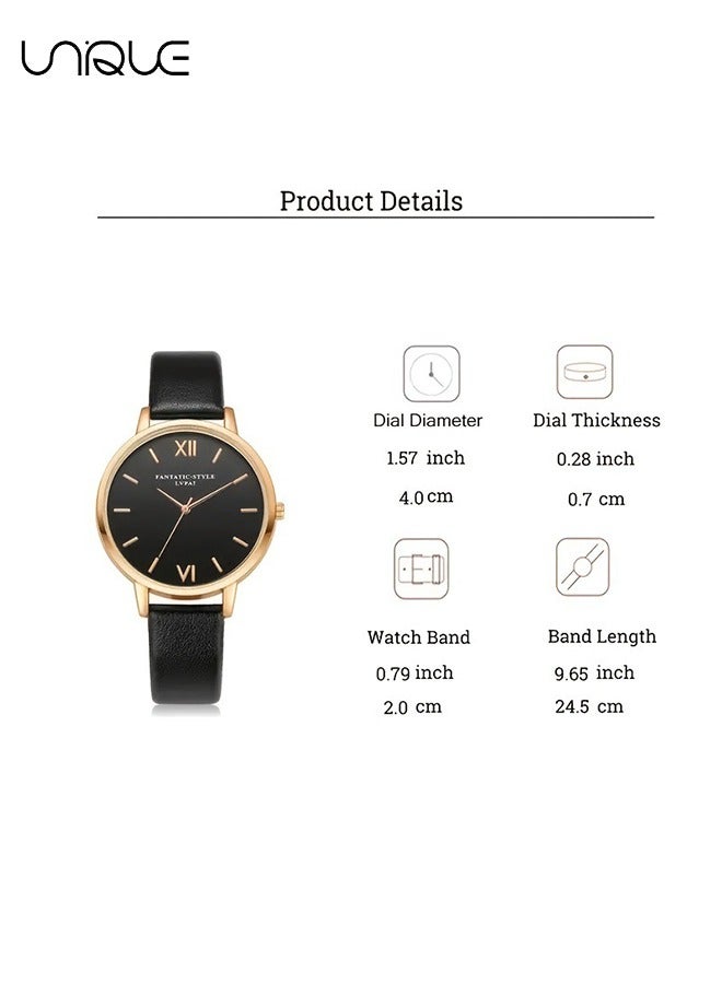 Unique 5 Pcs Watch & Bracelet Set - PU Watch Strap & Metal Bracelet Set - Girls' Watch Set Graduation Gift - Birthday Gift（Black） - Image 2