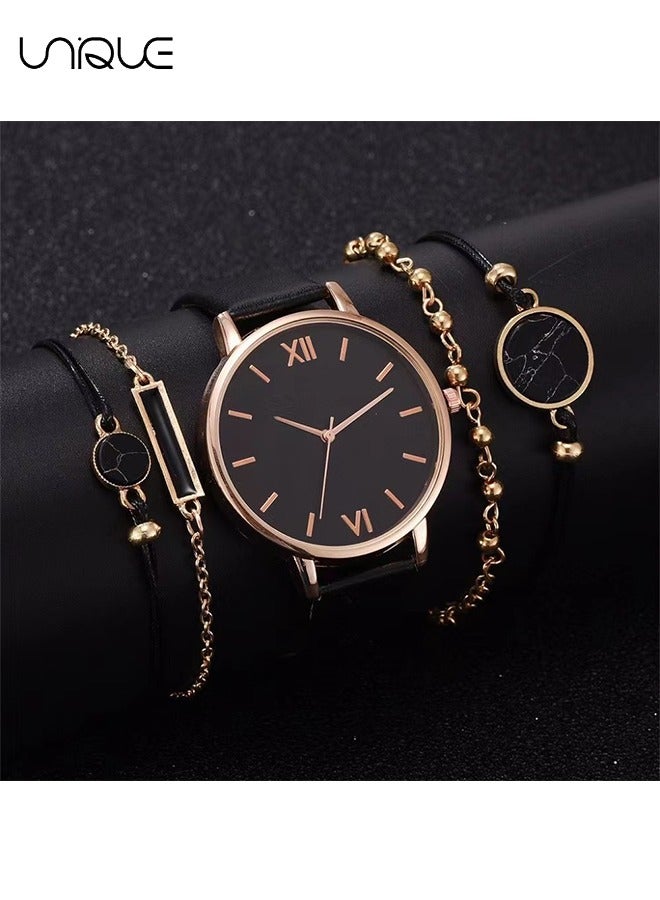 Unique 5 Pcs Watch & Bracelet Set - PU Watch Strap & Metal Bracelet Set - Girls' Watch Set Graduation Gift - Birthday Gift（Black） - Image 5