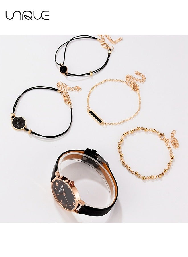 Unique 5 Pcs Watch & Bracelet Set - PU Watch Strap & Metal Bracelet Set - Girls' Watch Set Graduation Gift - Birthday Gift（Black） - Image 4