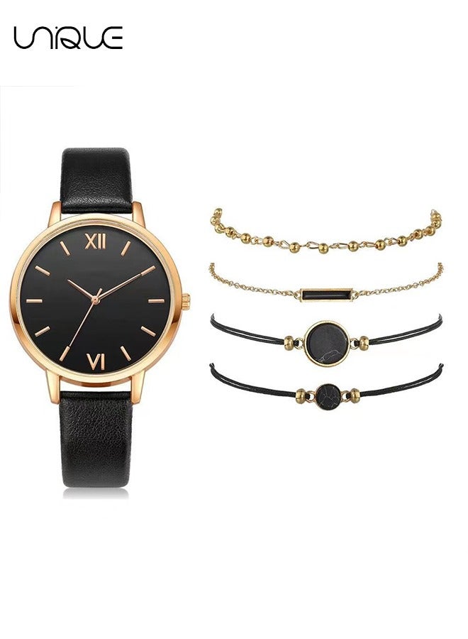 Unique 5 Pcs Watch & Bracelet Set - PU Watch Strap & Metal Bracelet Set - Girls' Watch Set Graduation Gift - Birthday Gift（Black） - Image 1