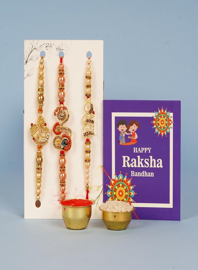 PrideKraft | Designer Rakhi Set For Family | Brother Bhai Bhaiya | Ganpati bRO Rakhi | Pack Of 3 Rakhi | 1 Roli Rice Pack | 1 Greeting Card - Image 3