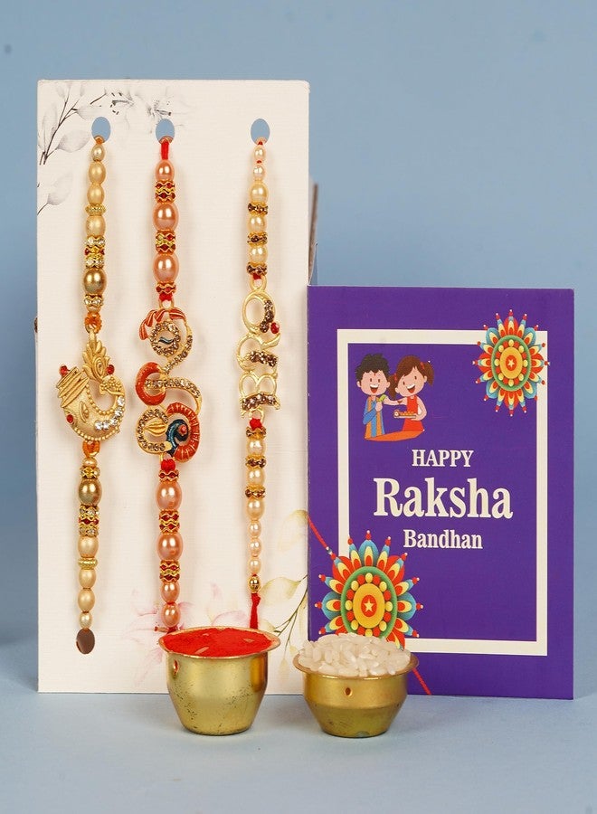 PrideKraft | Designer Rakhi Set For Family | Brother Bhai Bhaiya | Ganpati bRO Rakhi | Pack Of 3 Rakhi | 1 Roli Rice Pack | 1 Greeting Card - Image 2
