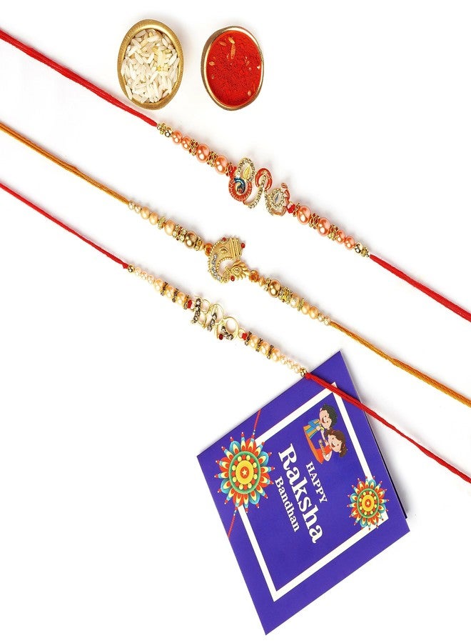PrideKraft | Designer Rakhi Set For Family | Brother Bhai Bhaiya | Ganpati bRO Rakhi | Pack Of 3 Rakhi | 1 Roli Rice Pack | 1 Greeting Card - Image 1