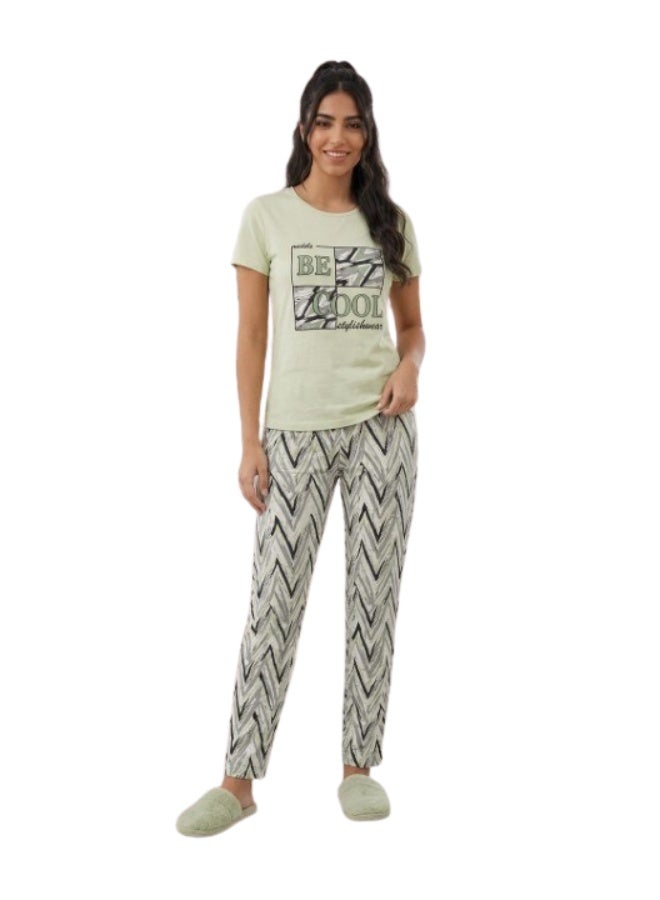 Women's cotton two-piece pajama set - short-sleeved t-shirt and patterned pants - comfortable sleepwear - Image 1