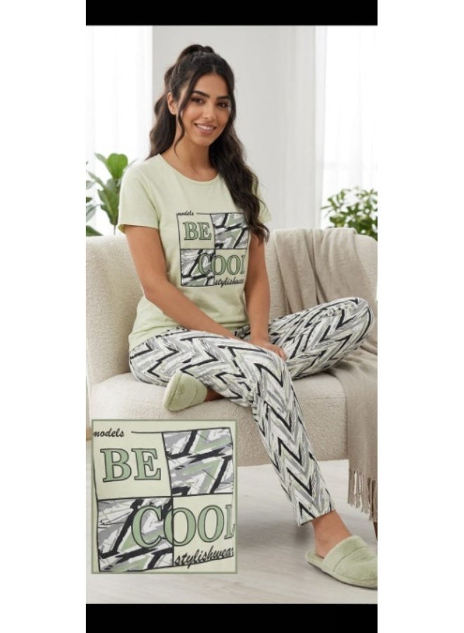 Women's cotton two-piece pajama set - short-sleeved t-shirt and patterned pants - comfortable sleepwear - Image 2