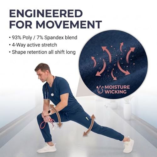 MediChic Men’s Scrub Set – Stretch V-Neck Scrub Top & 7-Pocket Jogger Pants, 4-Way Stretch Flex Medical Uniform Workwear, Navy Large - Image 4