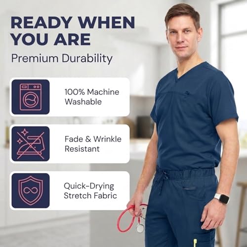 MediChic Men’s Scrub Set – Stretch V-Neck Scrub Top & 7-Pocket Jogger Pants, 4-Way Stretch Flex Medical Uniform Workwear, Navy Large - Image 5