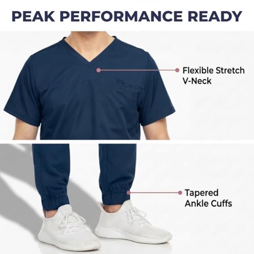 MediChic Men’s Scrub Set – Stretch V-Neck Scrub Top & 7-Pocket Jogger Pants, 4-Way Stretch Flex Medical Uniform Workwear, Navy Large - Image 3