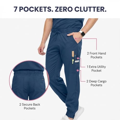 MediChic Men’s Scrub Set – Stretch V-Neck Scrub Top & 7-Pocket Jogger Pants, 4-Way Stretch Flex Medical Uniform Workwear, Navy Large - Image 2