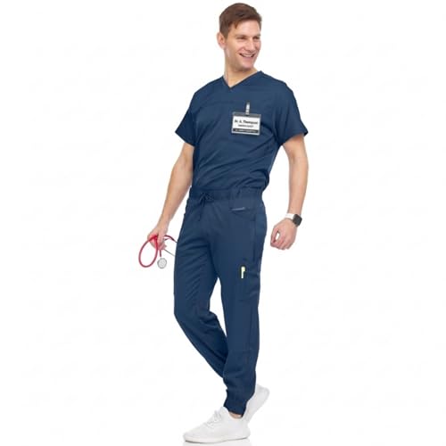 MediChic Men’s Scrub Set – Stretch V-Neck Scrub Top & 7-Pocket Jogger Pants, 4-Way Stretch Flex Medical Uniform Workwear, Navy Large - Image 1
