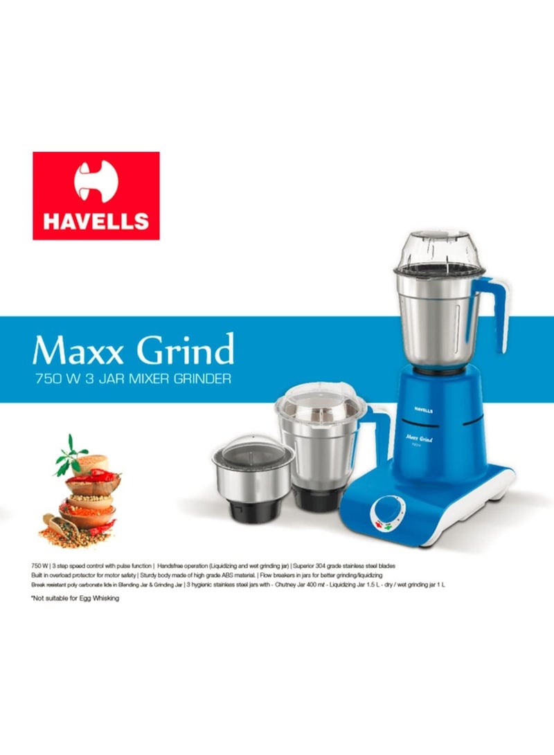 Havells Maxx Grind 750-Watt Mixer Grinder With 3 Jars (Blue) Standard Blue - Image 3