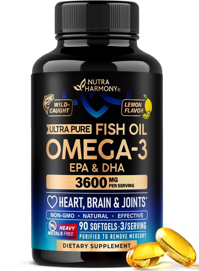 NUTRAHARMONY Omega 3 Fish Oil 3600 mg - Omega 3 Supplement | EPA & DHA - Heavy Metals Free - Heart, Brain & Joint Support - Purified Fish Oil for Men & Women - Lemon Flavored - Made in USA, 90 Softgels - Image 1