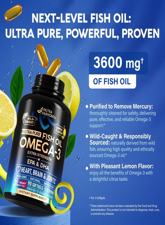 NUTRAHARMONY Omega 3 Fish Oil 3600 mg - Omega 3 Supplement | EPA & DHA - Heavy Metals Free - Heart, Brain & Joint Support - Purified Fish Oil for Men & Women - Lemon Flavored - Made in USA, 90 Softgels - Image 3