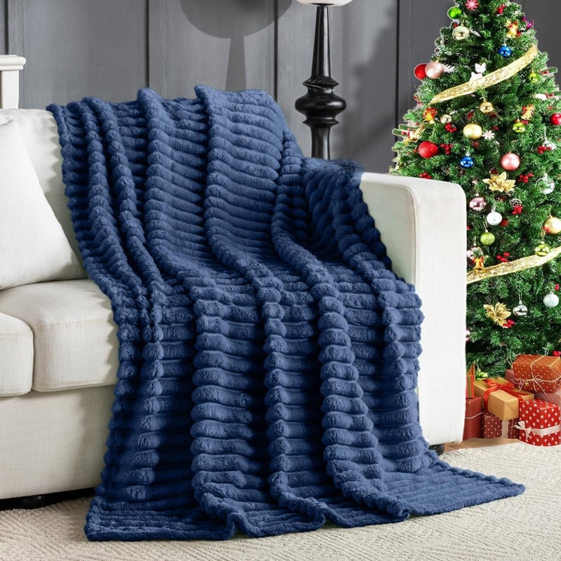 Jungle Star Wider Striped 380gsm Navy Throw Blanket for Couch Super Soft Cozy Blankets for Women Fuzzy Fleece White Blanket for Bed Sofa 50x60 - Image 1