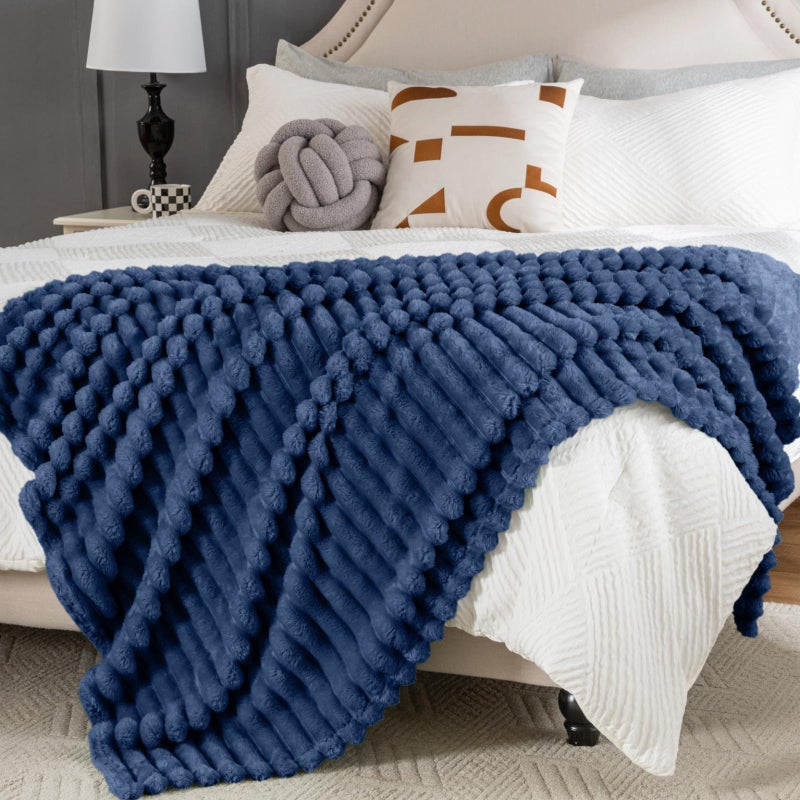 Jungle Star Wider Striped 380gsm Navy Throw Blanket for Couch Super Soft Cozy Blankets for Women Fuzzy Fleece White Blanket for Bed Sofa 50x60 - Image 2