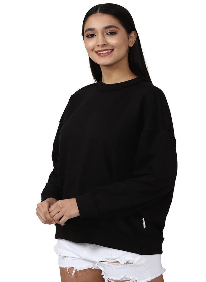 FOREVER 21 Women's Cotton Blend Regular Round Neck Sweatshirt (598039_Black,Medium - Image 2