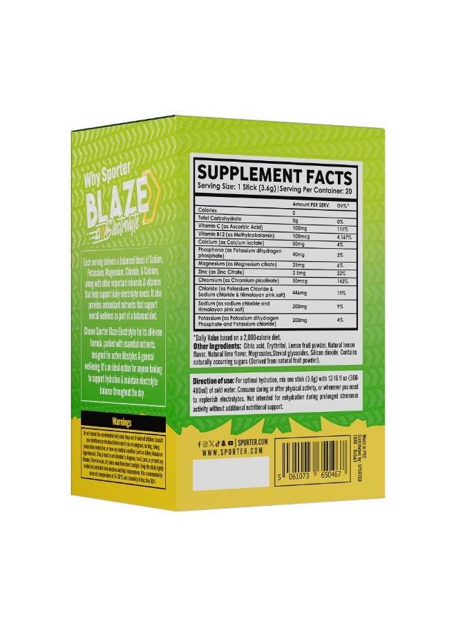 Sporter Blaze Electrolyte Lemon Lime Flavor – 20 Sticks, 6 Essential Electrolytes, Sugar Free Hydration Support - Image 2
