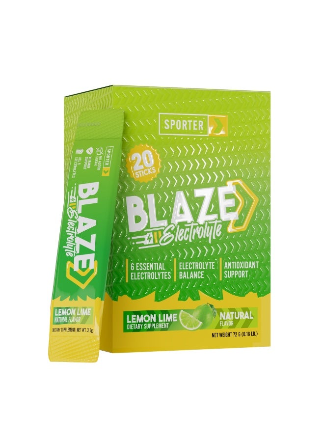 Sporter Blaze Electrolyte Lemon Lime Flavor – 20 Sticks, 6 Essential Electrolytes, Sugar Free Hydration Support - Image 1