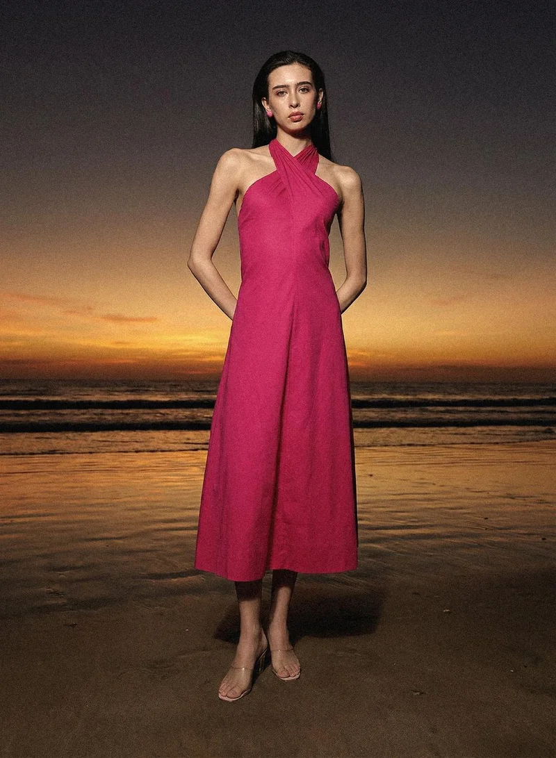 دينيس لينغو Dark Pink Cotton Solid Print Midi Wrap Regular Fit Dress For Women