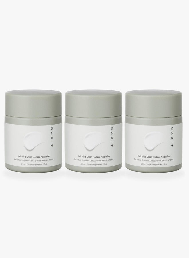 Gabit Salicylic Acid & Green Tea Face Moisturiser For Acne, Blackheads & Open Pores | 0.5% Salicylic, Oil free, Exfoliates, Brightens skin |Ceramides, Niacinamide, CiCa |For Women & Men, 50ml | Pack of 3 - Image 1