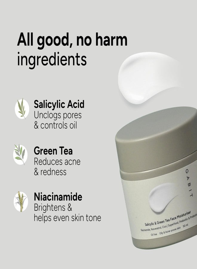 Gabit Salicylic Acid & Green Tea Face Moisturiser For Acne, Blackheads & Open Pores | 0.5% Salicylic, Oil free, Exfoliates, Brightens skin |Ceramides, Niacinamide, CiCa |For Women & Men, 50ml | Pack of 3 - Image 3