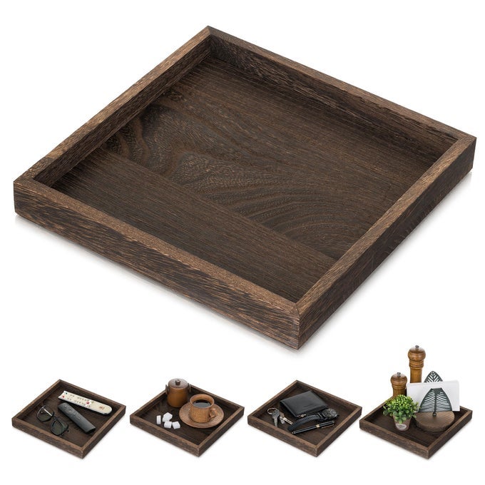 SERVING TRAY DECOR FOR TABLE SMALL WOOD DECORATIVE TRAYS FOR OTTOMAN COFFEE TABLES FARMHOUSE SQUARE WOODEN CENTERPIECE FOR KITCHEN COUNTER HOME LIVING ROOM 10INCH BROWN