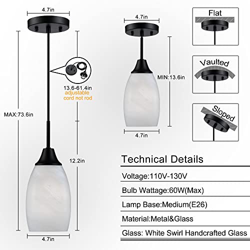 Viinew Mini Glass Pendant Light,4.72" Black White Hanging Lights 3-Pack Handblown White Oval Art Glass Hanging Pendant Light for Kitchen Island,Dining Room,Living,Foyer,Hallway, Entry - Image 2