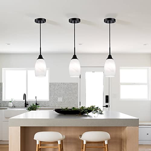 Viinew Mini Glass Pendant Light,4.72" Black White Hanging Lights 3-Pack Handblown White Oval Art Glass Hanging Pendant Light for Kitchen Island,Dining Room,Living,Foyer,Hallway, Entry - Image 4