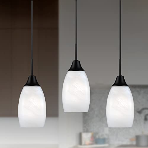 Viinew Mini Glass Pendant Light,4.72" Black White Hanging Lights 3-Pack Handblown White Oval Art Glass Hanging Pendant Light for Kitchen Island,Dining Room,Living,Foyer,Hallway, Entry - Image 1