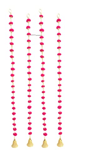 Aahum Handmade Wall Door Dark Pink Color PomPom String With Golden Beads,Triangle Flowers Hanging Torans Garland Bandhwar Decoration Item for Home Décor Diwali Festival,Navratri,Wedding (5FT 4Strings) - Image 1