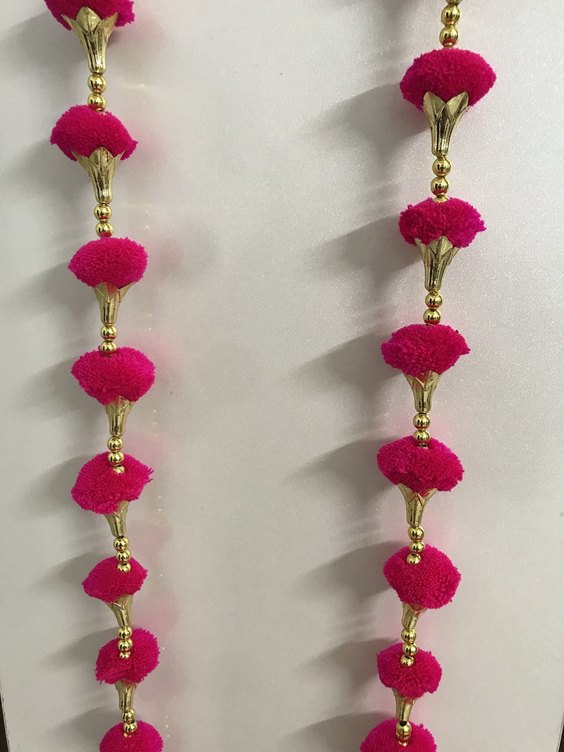 Aahum Handmade Wall Door Dark Pink Color PomPom String With Golden Beads,Triangle Flowers Hanging Torans Garland Bandhwar Decoration Item for Home Décor Diwali Festival,Navratri,Wedding (5FT 4Strings) - Image 4