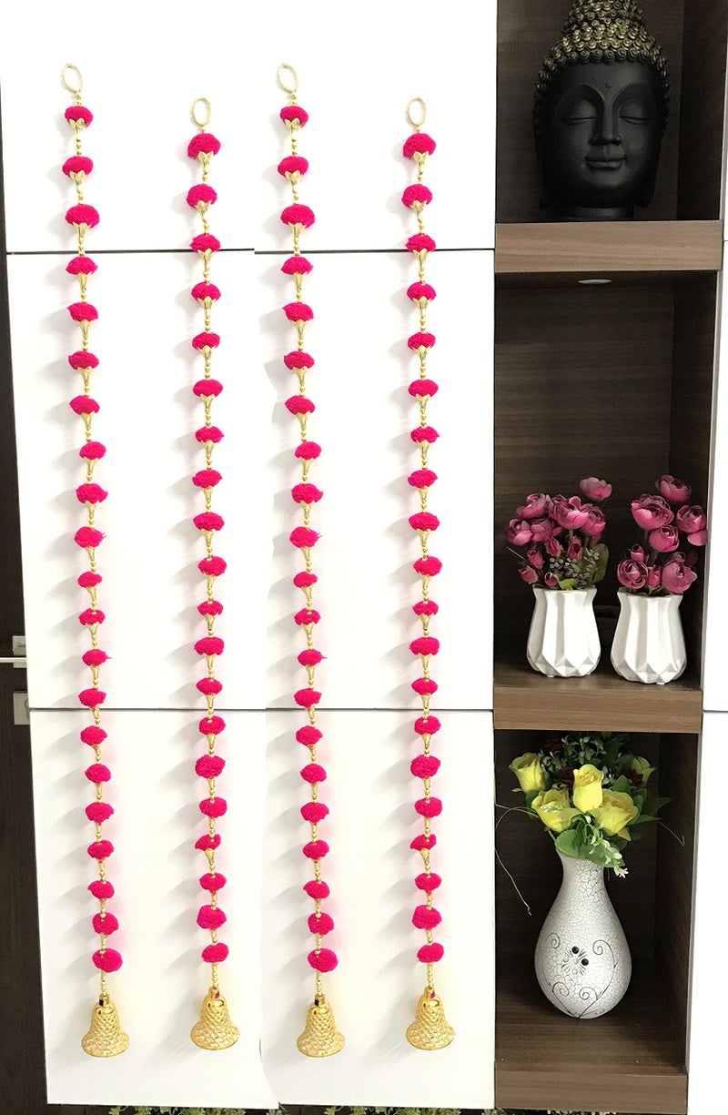Aahum Handmade Wall Door Dark Pink Color PomPom String With Golden Beads,Triangle Flowers Hanging Torans Garland Bandhwar Decoration Item for Home Décor Diwali Festival,Navratri,Wedding (5FT 4Strings) - Image 2