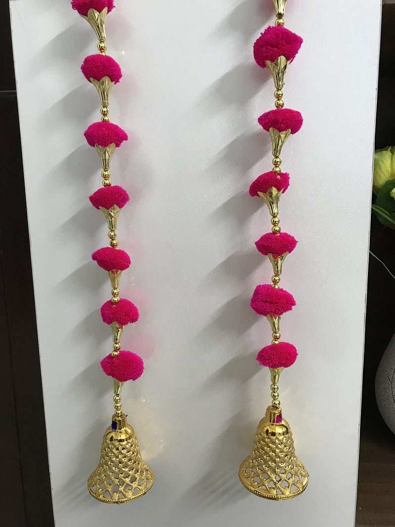 Aahum Handmade Wall Door Dark Pink Color PomPom String With Golden Beads,Triangle Flowers Hanging Torans Garland Bandhwar Decoration Item for Home Décor Diwali Festival,Navratri,Wedding (5FT 4Strings) - Image 3