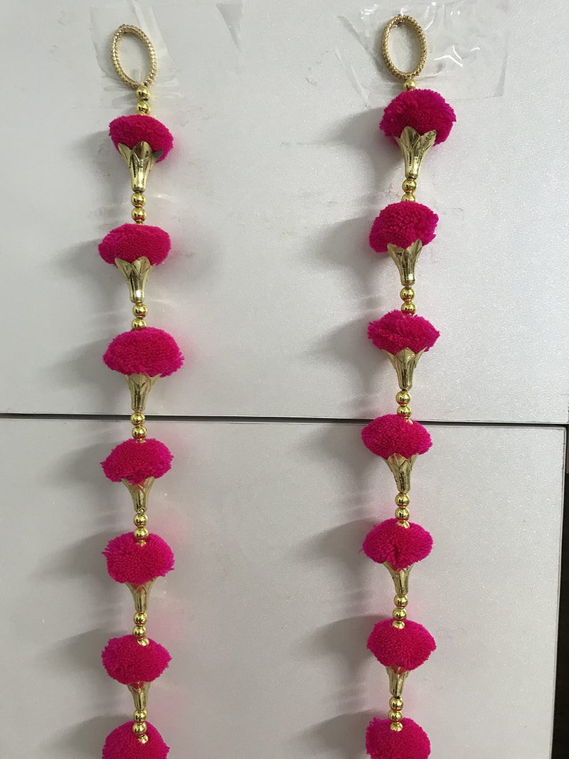 Aahum Handmade Wall Door Dark Pink Color PomPom String With Golden Beads,Triangle Flowers Hanging Torans Garland Bandhwar Decoration Item for Home Décor Diwali Festival,Navratri,Wedding (5FT 4Strings) - Image 5