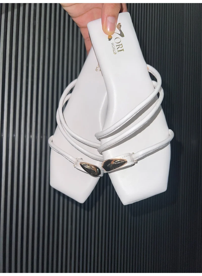 ZORIWORLD Luna White Square Toe Flats For Women With Metallic Toe Ring Peta-Approved Vegan Soft And All Day Comfort