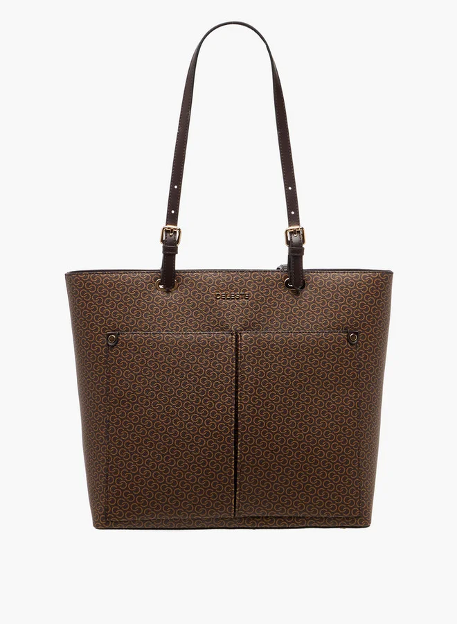 Celeste Monogram Print Tote Bag with Zip Closure