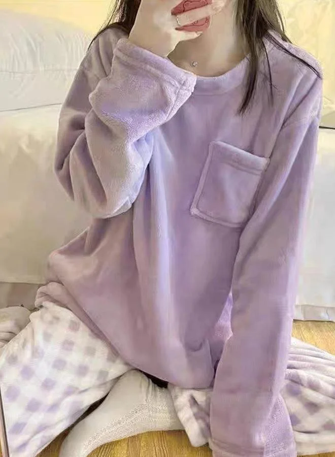 Take Two  Take Two Purple Flano Pocket Detail Top and Checked Pyjama Set for Women | Best Price UAE