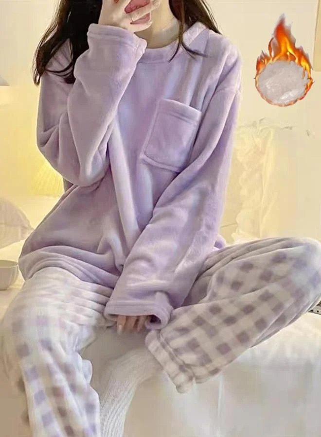 Take Two Take Two Purple Flano Pocket Detail Top and Checked Pyjama Set