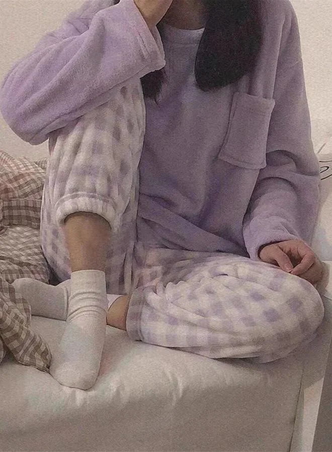Take Two  Take Two Purple Flano Pocket Detail Top and Checked Pyjama Set for Women | Best Price UAE