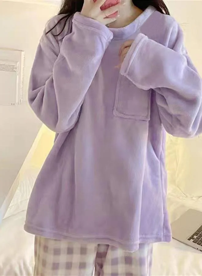 Take Two  Take Two Purple Flano Pocket Detail Top and Checked Pyjama Set for Women | Best Price UAE