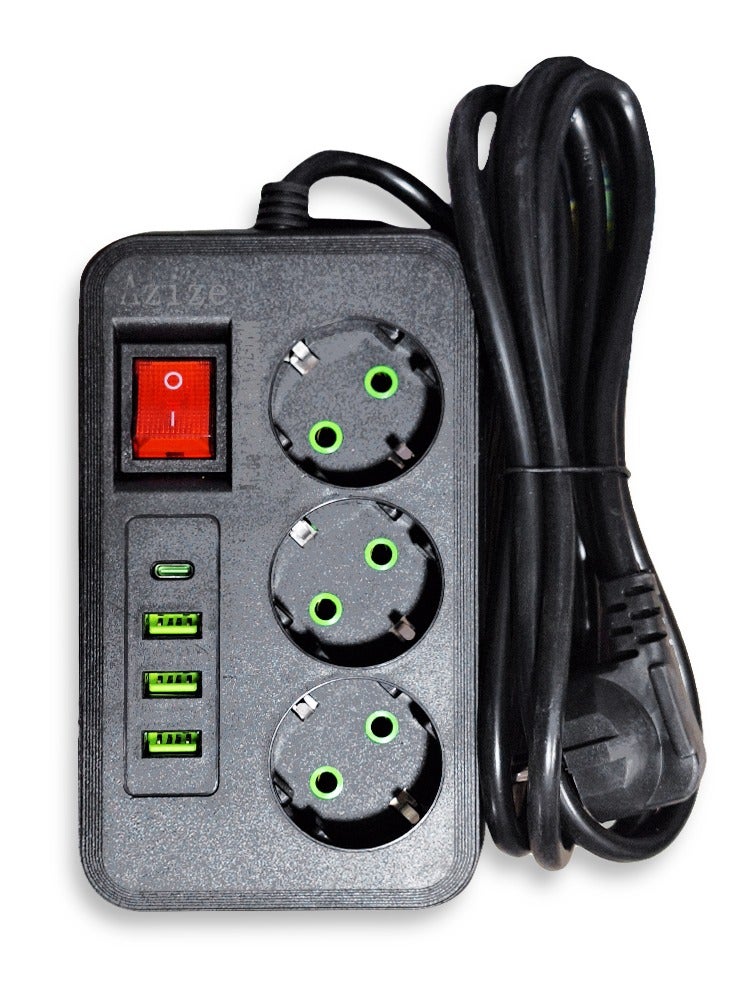 K26U Safe Power Strip, 2500W Multi-Outlet Extension with 3 Power Outlets, 3 USB Ports, and a Type-C Port, Fast Charging and Surge Protection, Stylish and Safe Design in Black, Ideal for Home and Office - Image 1