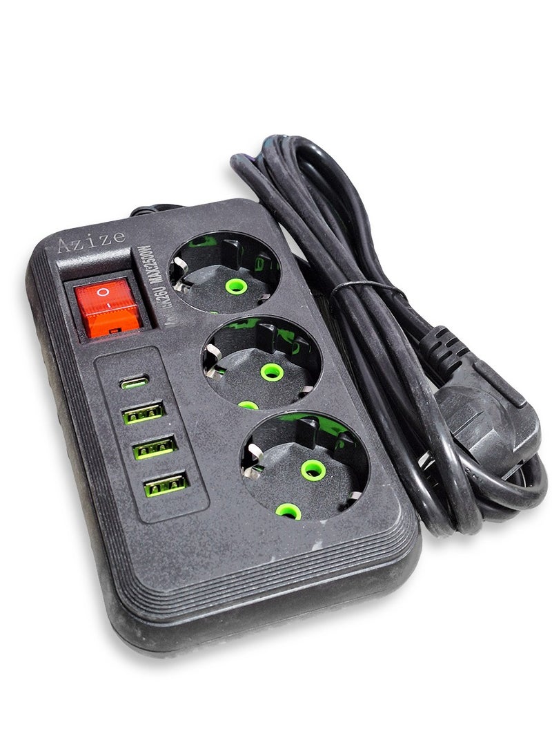 K26U Safe Power Strip, 2500W Multi-Outlet Extension with 3 Power Outlets, 3 USB Ports, and a Type-C Port, Fast Charging and Surge Protection, Stylish and Safe Design in Black, Ideal for Home and Office - Image 2