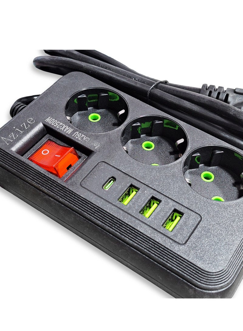 K26U Safe Power Strip, 2500W Multi-Outlet Extension with 3 Power Outlets, 3 USB Ports, and a Type-C Port, Fast Charging and Surge Protection, Stylish and Safe Design in Black, Ideal for Home and Office - Image 3