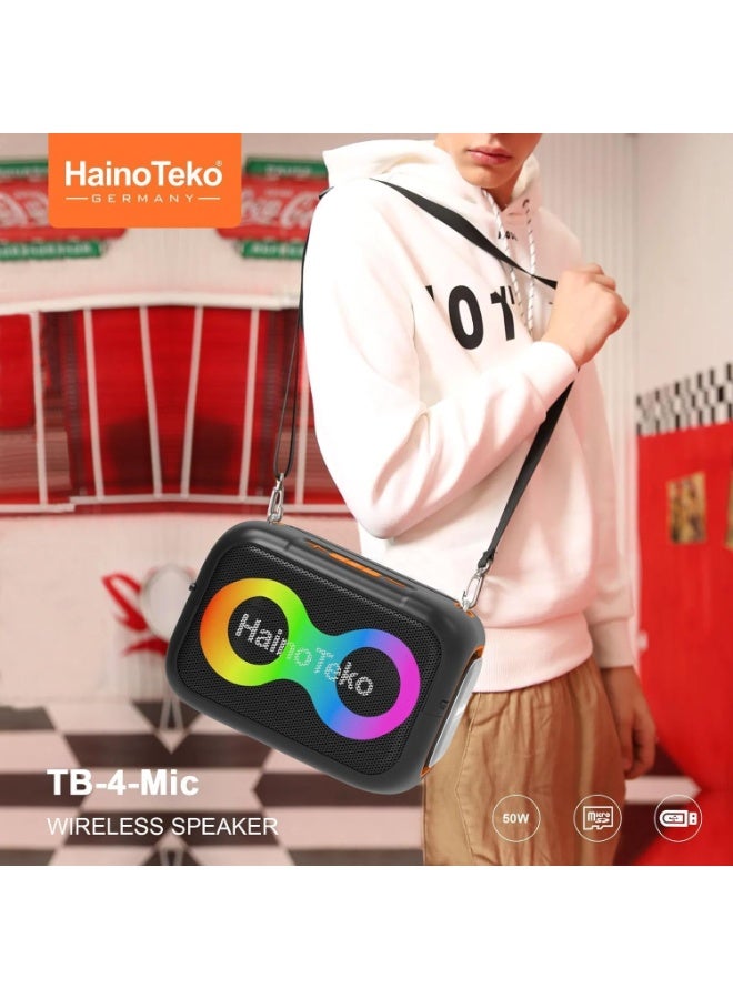 هينو تيكو مكبر صوت هاينو تيكو TB-4-Mic لاسلكي بتقنية البلوتوث مع ميكروفون - صوت قوي 50 وات، إضاءة RGB، مكبر صوت محمول للحفلات الخارجية - Image 2