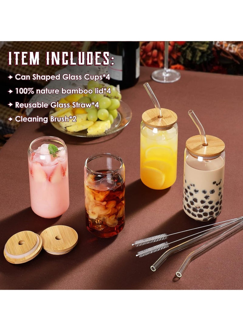Drinking Glasses with Bamboo Lids and Glass Straw 4pcs Set - 16oz Can Shaped Glass Cups, Beer Glasses, Iced Coffee Glasses, Cute Tumbler Cup, Ideal for Cocktail, Whiskey, Gift - 2 Cleaning Brushes  - Image 2